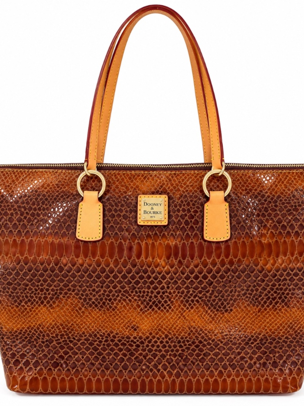 Dooney & Bourke Python Embossed Leather O-Ring Shopper Tote Brown Red Lining